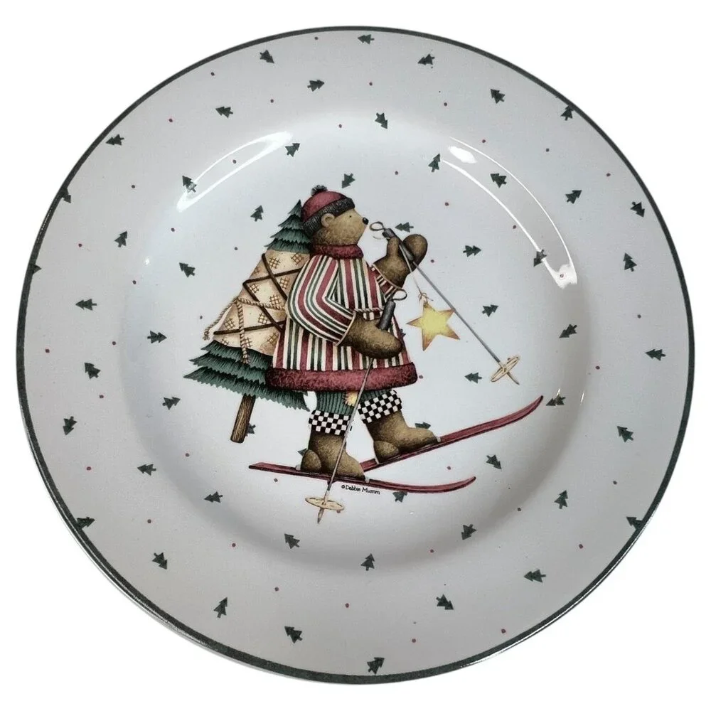 Set Of 4 Sakura Debbie Mumm Sledding Characters Ceramic Salad Plates 8.25 Skiing